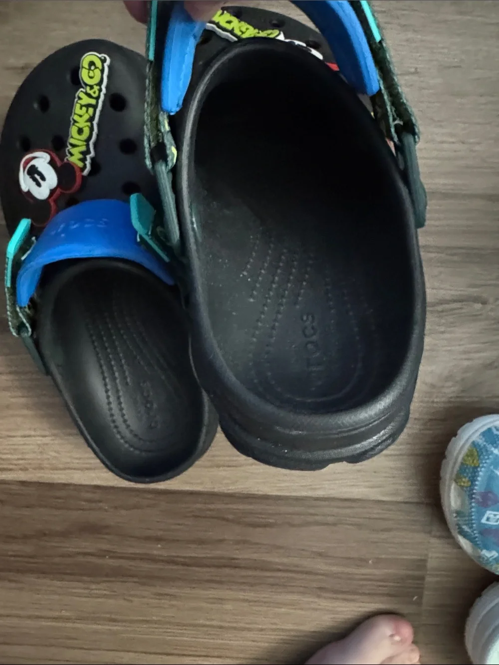 CROCS Adult Sized Black Clogs with Blue Strap and Mickey Mouse